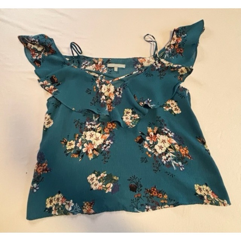 Sweet Rain Floral Ruffle Cami Top Teal Blue Sleeveless Tank Women Size L